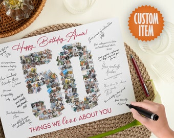 50th Birthday Decorations | 50 Things We Love About You | 50 Reasons We Love You | 50th Birthday Photo Collage Signature Board