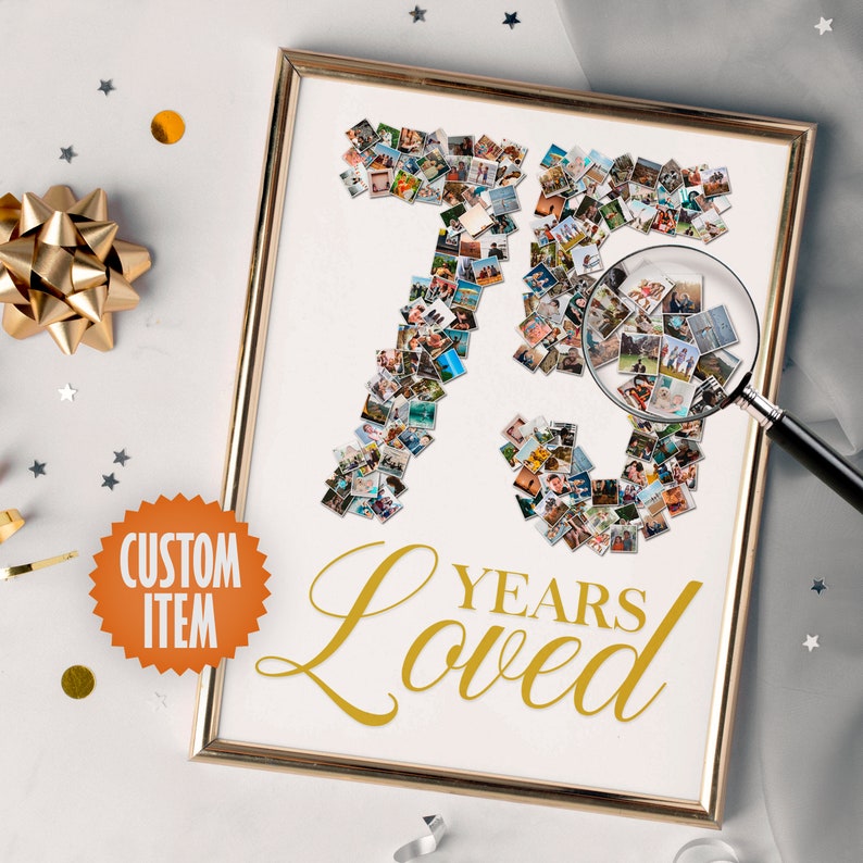 May include: A white framed print with a gold background. The number 75 is made up of small photos. The text "YEARS Loved" is written in gold script below the number.
