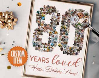May include: A white photo collage in a gold frame with a photo mosaic of the number 80. The text "YEARS loved Happy Birthday Nancy!" is written in pink below the number.