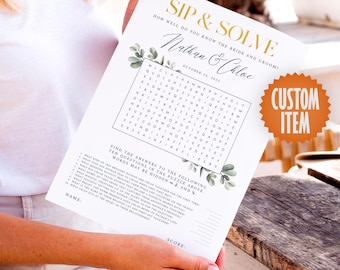 Sip and Solve - Wedding Word Search | Custom Wedding Puzzle | Printable Wedding Table Games | Personalized Wedding Signage