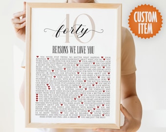 May include: A framed printable with a beige background and black text. The text reads "forty reasons we love you" and lists 40 reasons in red hearts. The frame is brown wood with a white mat.