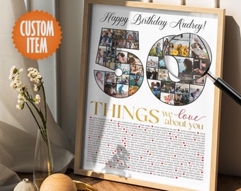 50th Birthday Decorations | 50 Things We Love About You - 50th Birthday Photo Collage Sign | Personalized 50th Birthday Poster or Canvas