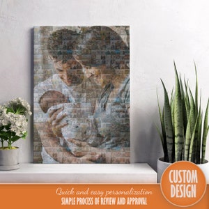 May include: A mosaic photo of a couple holding a baby. The photo is made up of many smaller photos, creating a unique and personalized gift.