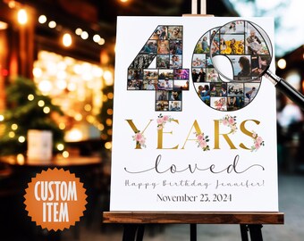 40th Birthday Decorations for Her | 40 Years Loved - 40th Birthday Photo Collage Sign | Personalized 40th Birthday Gift
