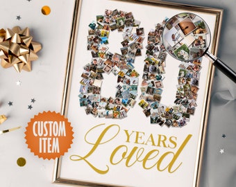 May include: A white framed print with a gold background. The number 80 is made up of a collage of small photos. The text "YEARS LOVED" is written in gold script below the number.