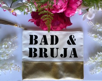 Bad & Bruja Bag• Cotton and Gold Bag • Stencil Font• Tote Bag• Makeup Bag• Multi-Purpose Bag• Latina Bag• Trendy• Perfect Gift• Medium Bag•