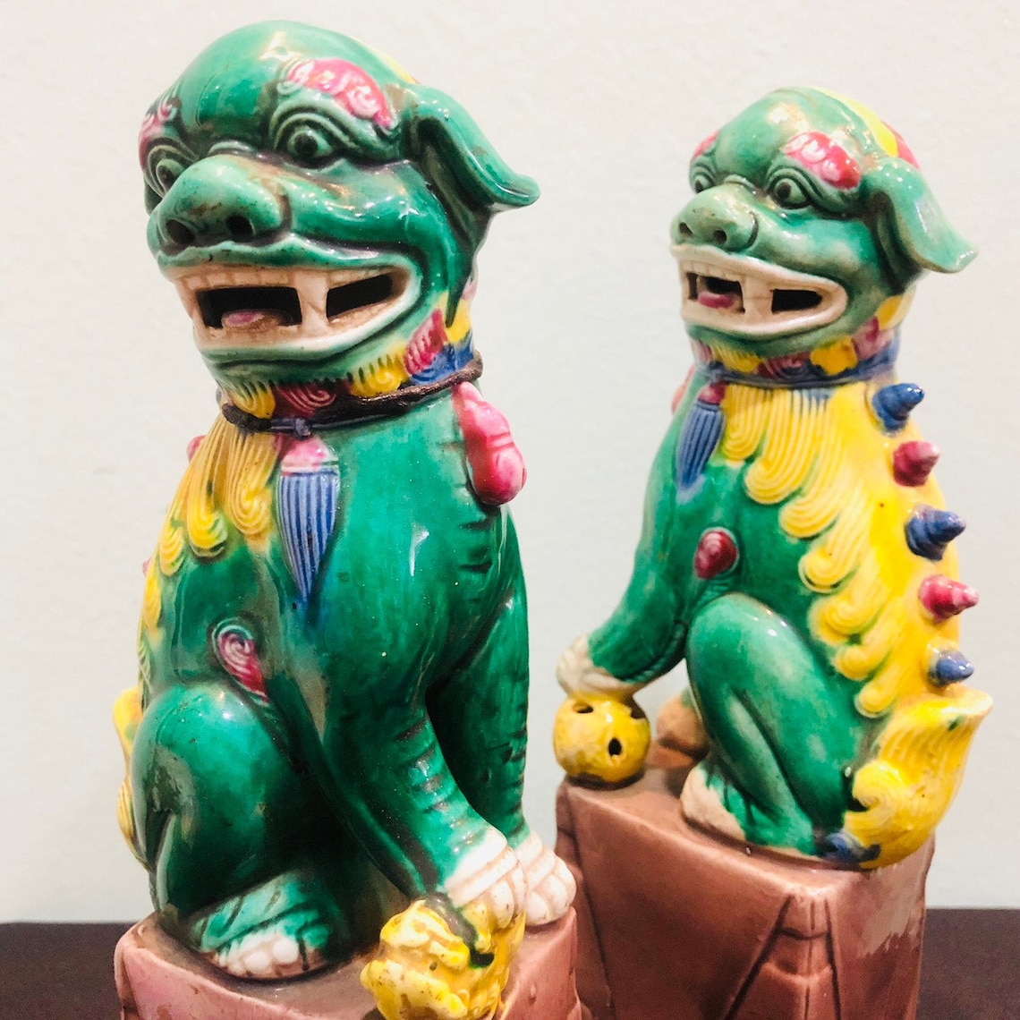 Antique Foo Dog Statue Porcelain Chinese Fu Lion Pair Guardian Handmade