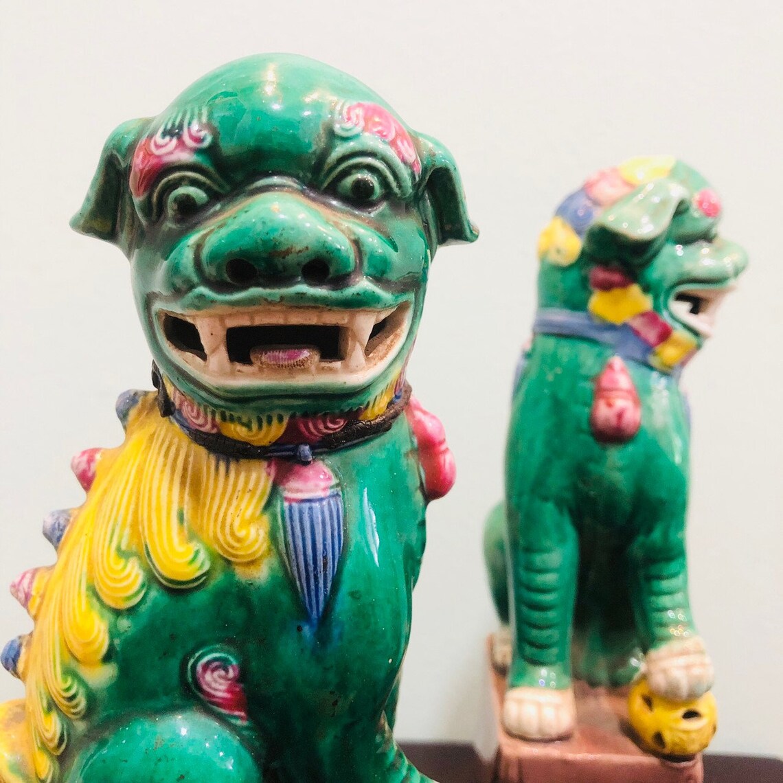 Antique Foo Dog Statue Porcelain Chinese Fu Lion Pair Guardian Handmade