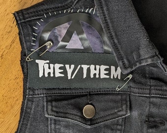 Horror Punk style sew-on pronoun patches