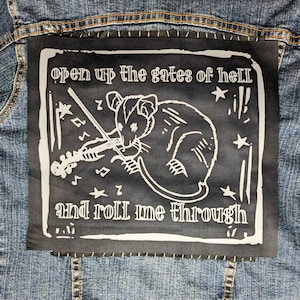 Folk Punk Possum back patch: "Roll Me Through the Gates of Hell"