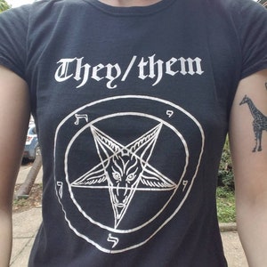 Baphomet satanic pronouns shirt: they/them, she/her, he/him or custom