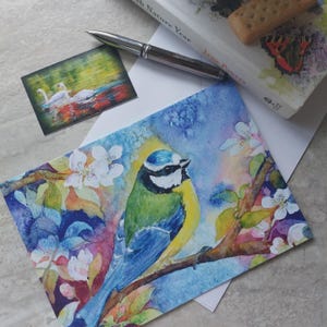 Biglietto d'auguri con cinciarella su fiore di melo, biglietto d'auguri con belle arti sulla fauna selvatica in formato A5 tratto dal dipinto originale di Aisling Kiernan, biglietto vuoto,