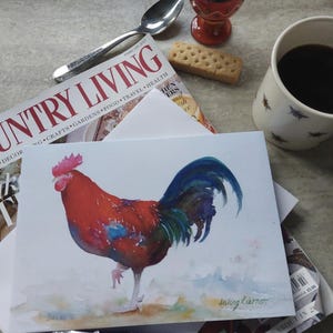 Tarjeta de bellas artes A5 de gallo, de pintura original de Aisling Kiernan, arte de granja, gallina, pollo, tarjeta en blanco.