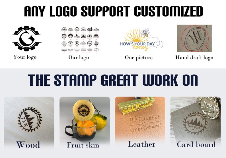 May include: A collage of images showing different ways to use a custom stamp. The first image shows a gear-shaped logo. The second image shows a variety of logos. The third image shows a logo with the text "How's your day honey". The fourth image shows a hand-drawn logo. The second row of images shows the stamp impressions on different surfaces: wood, fruit skin, leather, and cardboard.
