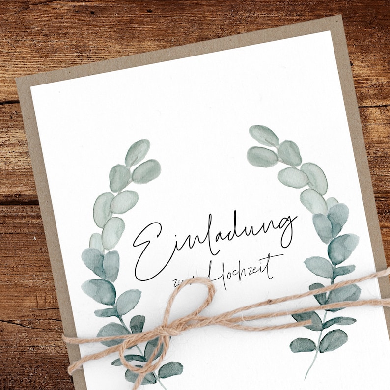 Einladung Hochzeit, Eukalyptus, nachhaltig Recyclingpapier Einladungskarten Hochzeitseinladung Hochzeitskarte floral Kraftpapier Bild 4