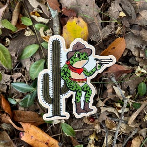 May include: Embroidered patch featuring a green frog in a cowboy hat and boots, holding a gun. The frog is next to a cactus. The patch has a white border and is set against a background of leaves and twigs.