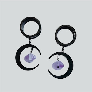 Black Moon Raw Amethyst Dangle Tunnels | Plugs, Gauges For Stretched Ears | Obsidian Oddities