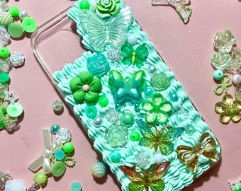 Green Phone Case with Name | Green iPhone Case with Charms | Green Phone Case | Cute iPhone Case | Butterfly Phone Case