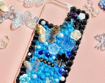 Custom Blue Decoden iPhone Case: Butterfly & Pearl Charms