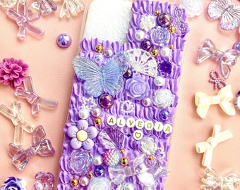 Purple Phone Case with Name | Purple iPhone Case with Charms | Colorful Phone Case | Cute iPhone Case | Butterfly Phone Case