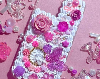 Pink and White Garden Phone Case with Name |  Decoden Case with Charms  | Cute Pink Flower iPhone Case | Butterfly and Flowers Phone Case