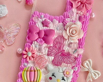 Pink and White Phone Case with Name |  Decoden Case with Charms  | Cute Pink iPhone Case | Butterfly Phone Case
