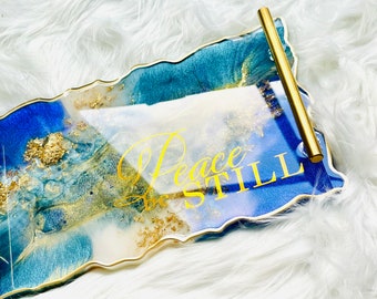 Custom Made Blue & Gold Resin Tray | Blue and Gold Tray | Blue Tray | Blue Serving Tray | Resin Tray with Handle | Blue Serving Tray