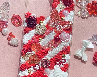 Red and White Phone Case with Name |  Decoden Case with Charms  | Cute Red iPhone Case | Butterfly Phone Case