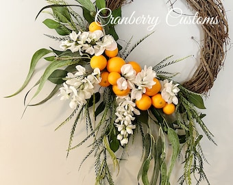 Orange wreath. Wreath with oranges. Spring wreath. Summer orange wreath. Wreaths. Citrus wreath . Hanging wreath. Spring orange wreaths.
