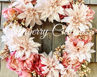 Dahlia wreath. Berry wreath. Pink wreath. Baby shower wreath. Spring wreath. Modern wreath. Gift for bride. Wreaths. Gifts.