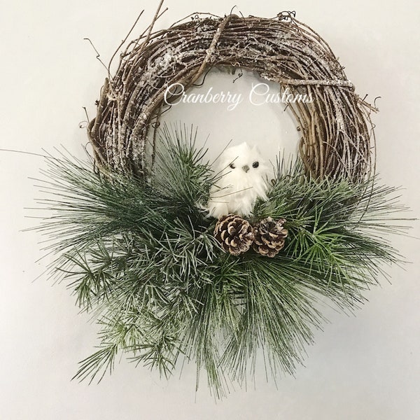 Winter wreath. Winter owl wreath. White owl decor. Front door wreath. Rustic winter wreath.