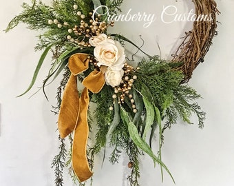 Gold berry wreath. Cedar wreath. Hanging cedar wreath. Wreath. Evergreen wreath. Year round wreath. Elegant wreath.