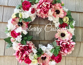 Big summer wreath. Big wreath. Spring wreath. Summer wreath. Pink spring wreath. Pink summer wreath. Pink wreath. Front door wreath. Wreath.