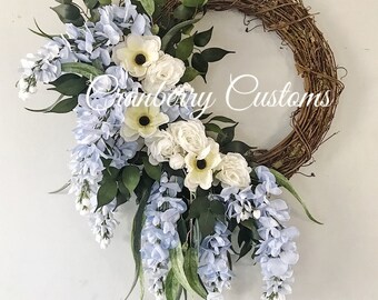 Blue wisteria wreath.  wisteria wreath. Blue flower wreath. Farmhouse wreath. Spring wreath. Hanging flower wreath. Wreaths.