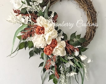 Beautiful wreath. Elegant Wreaths. Elegant year round wreath. Wreaths. Front door wreath. Big fall wreath. Luxury wreath. Stylish wreaths.