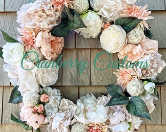 Cream peony wreath. Peony wreath. Year round peony wreath. Luxury wreath. Premium wreath. Front door wreath. Wreath for all year.