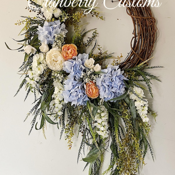 Floral Farmhouse Wreath, Hydrangea & Peony, 30 Inch
