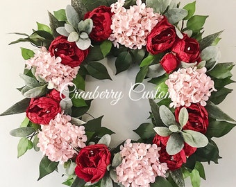Spring wreath. Wreath. Pink and red wreath. Peony and hydrangea wreath. wreath. Summer wreath. Farmhouse spring wreath.