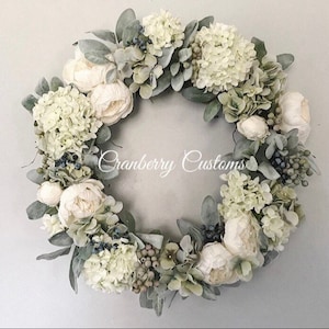 Peony Hydrangea Farmhouse Wreath, Spring Door Decor