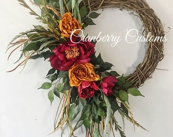 Luxury fall wreath. Fall wreath. Beautiful door wreath. Wreaths. Orange and red flower wreath. Big wreath. Door wreaths. Wreaths.