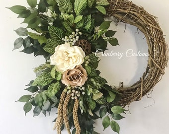 Elegant wreath. Wreaths. Front door wreath. Year round wreath. Wreath for the door. Rustic wreath. Big wreath. Brown and cream flower wreath