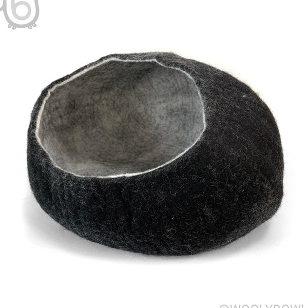 Black Wool felt Cat Bed Cave by Wooly Bowls, Modern Cat Bed made of hand felted wool, Cat Pod, Wool Cat Cave Bed, Modern Cat Furniture