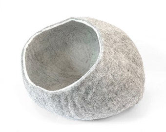 Grey Cat Bed Cave, Grey Wool Cat Cave, Wool felt Cat Bed Wooly Bowls, Handmade Cat Bed, Cat Bed House, Modern Cat Bed Cat Pod, Cat Furniture