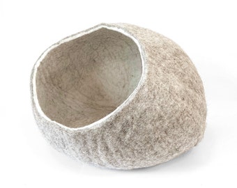 Handgefertigte Wollfilz-Katzenhöhle Bett: Heather Cream & Grau