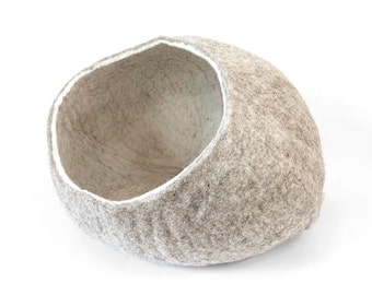 Heather Cream Wool Cat Bed, Grey Wool Cat Cave, Wool felt Cat Bed Wooly Bowls, Handmade Cat Bed, Cat Bed House, Modern Cat Furniture