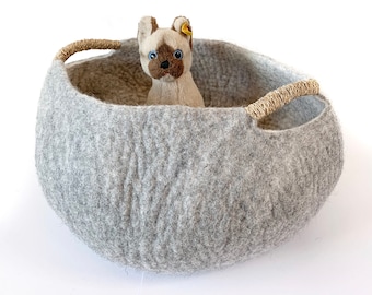 Heather Grey Wool Cat Bed Basket: Hand Felted Pet Toy Storage