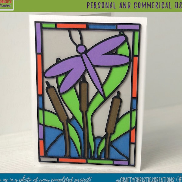 Dragonfly Stained Glass Card SVG - Layered Dragonfly Card SVG - 3D Stained Glass Card SVG - Dragonfly Svg - Cricut - Silhouette