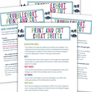 以下が含まれることがあります： シルエットのプリント＆カットプロジェクト用の印刷可能なチートシートのセット。チートシートはカラフルで、「マスターシルエットプリント＆カットプロジェクト！」と「ハッスルなしで完璧なプリント＆カットプロジェクトを作成！」というテキストが書かれています。