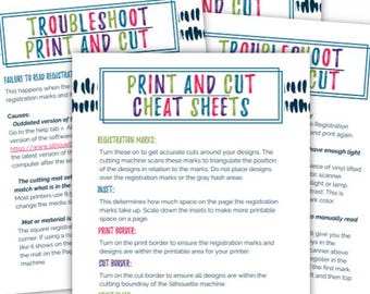 May include: A set of printable cheat sheets for Silhouette print and cut projects. The cheat sheets are colorful and feature the text "Master Silhouette Print and Cut Projects!" and "Create Perfect Print and Cut Projects Without the Hassle!"