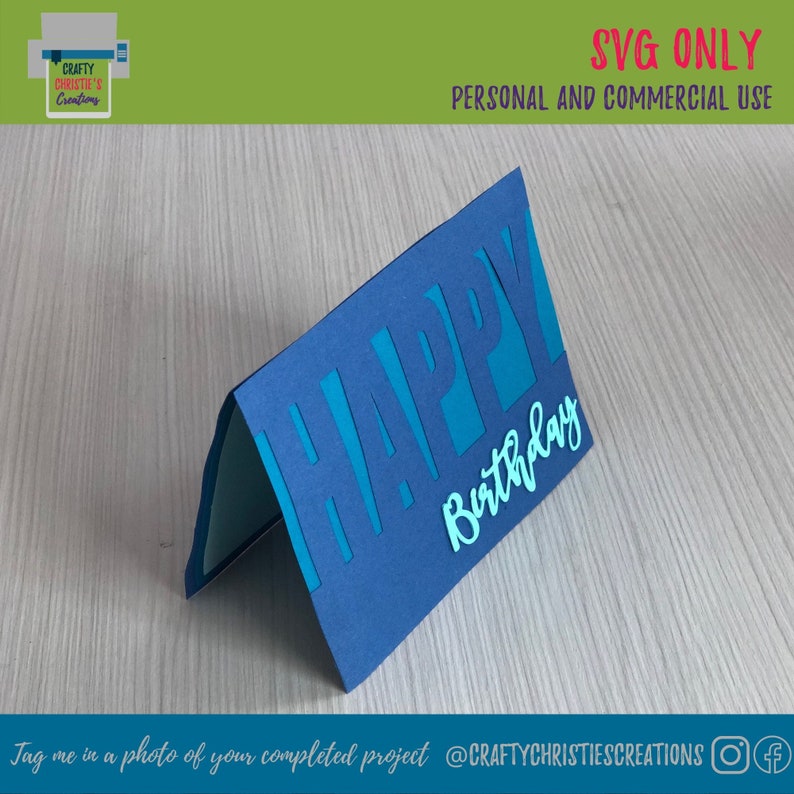 Op de afbeelding: Een blauwe kaart met het woord "HAPPY" uitgesneden in turquoise. Het woord "Birthday" is geschreven in turquoise cursief onder het woord "HAPPY".